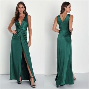 LULU'S Perfect Refinement Emerald Green Satin Sleeveless Pleated Maxi
Dress